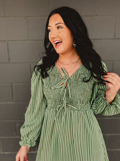 Striped Smocking Bow Midi Dress - Sage Haze