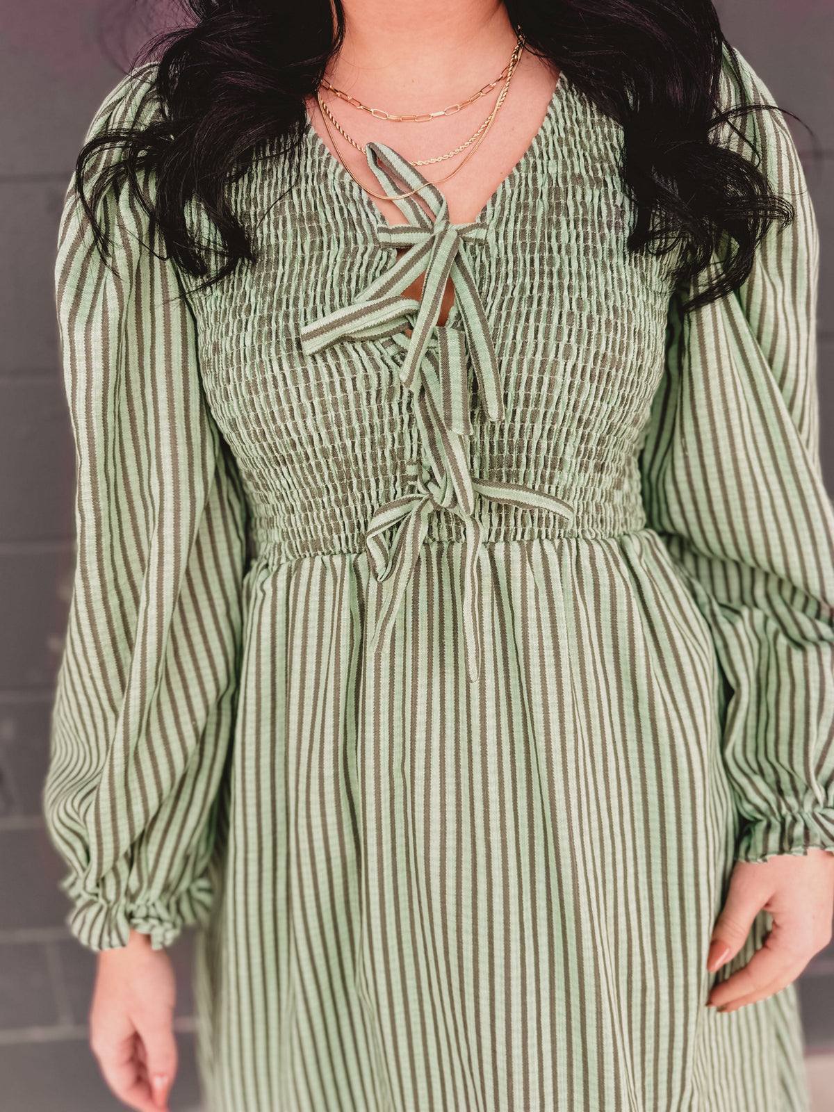 Striped Smocking Bow Midi Dress - Sage Haze