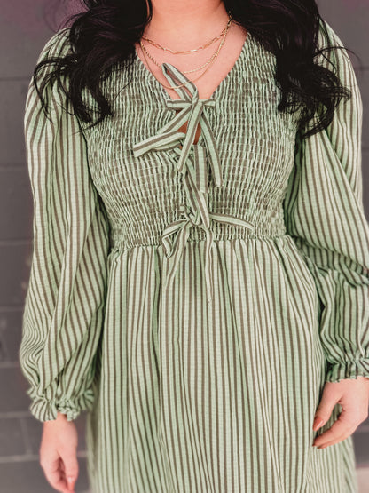 Striped Smocking Bow Midi Dress - Sage Haze