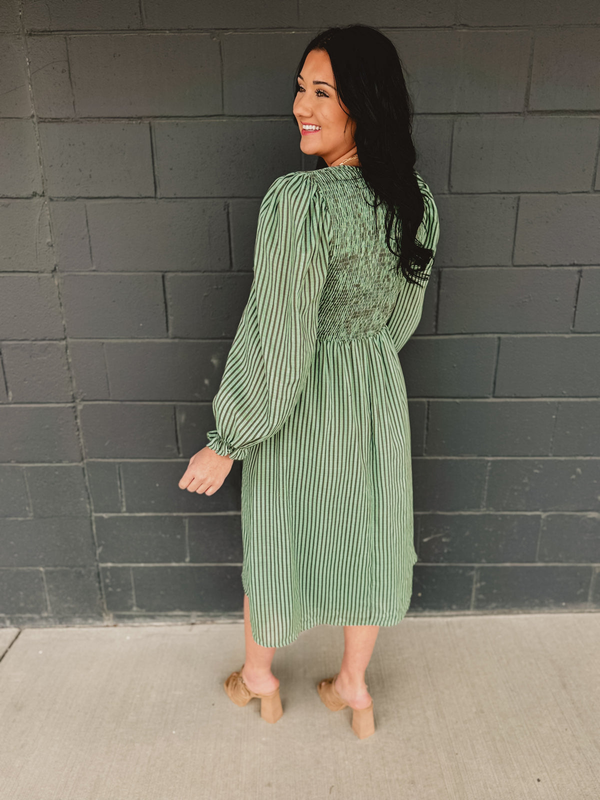 Striped Smocking Bow Midi Dress - Sage Haze