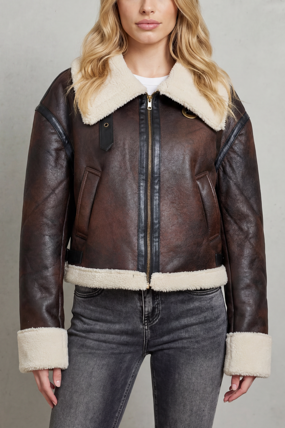 Mirevola | Women's Shearling Trim Cropped Aviator Jacket
