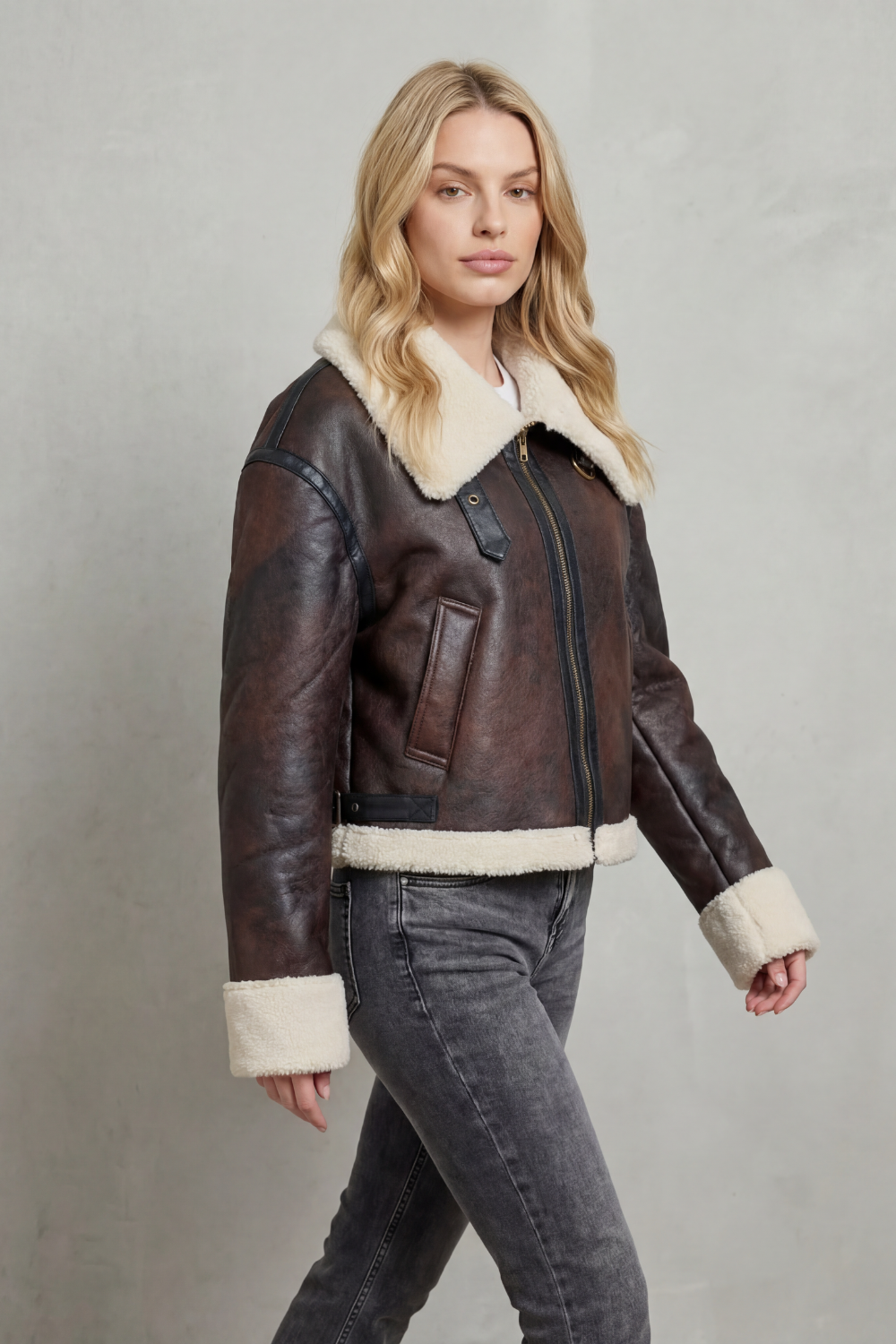 Mirevola | Women's Shearling Trim Cropped Aviator Jacket