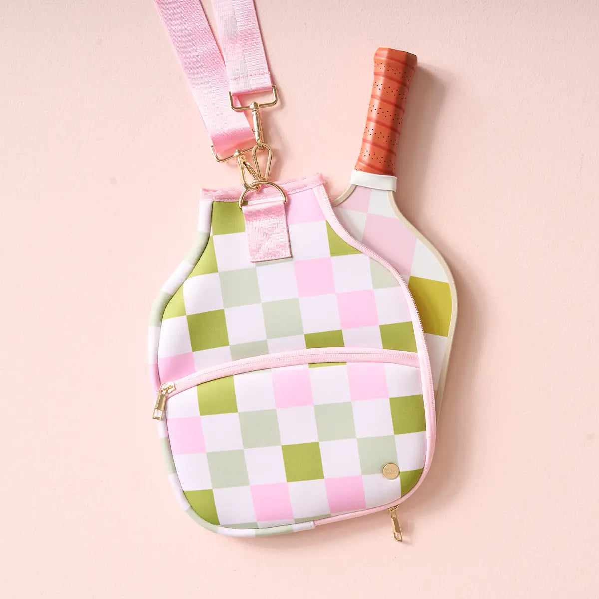 Pink & Green Checker Pickleball Paddle Crossbody Case