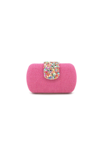 The Giada Bejeweled Straw Clutch in Fuchsia