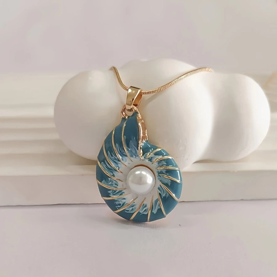 Teal Shell Pendant Necklace with Pearl Accent and Gold-Tone Chain