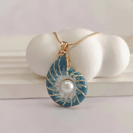 Teal Shell Pendant Necklace with Pearl Accent and Gold-Tone Chain
