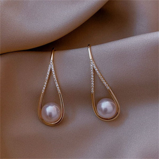 Teardrop Pearl Earrings with Rhinestone Accent in Warm Gold Tone