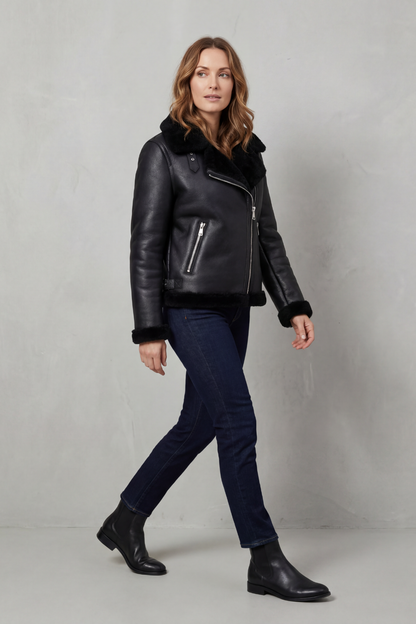 Noirellé | Women's Asymmetric Zip Shearling Biker Jacket