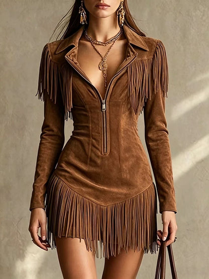 Josephine | Australian Retro Suede Tassel Long-sleeved Mini dress Western Style
