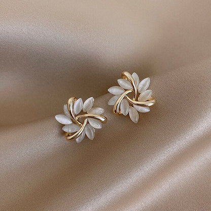 White Floral Stud Earrings with Gold-Tone Petal Frame