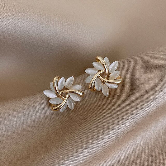 White Floral Stud Earrings with Gold-Tone Petal Frame
