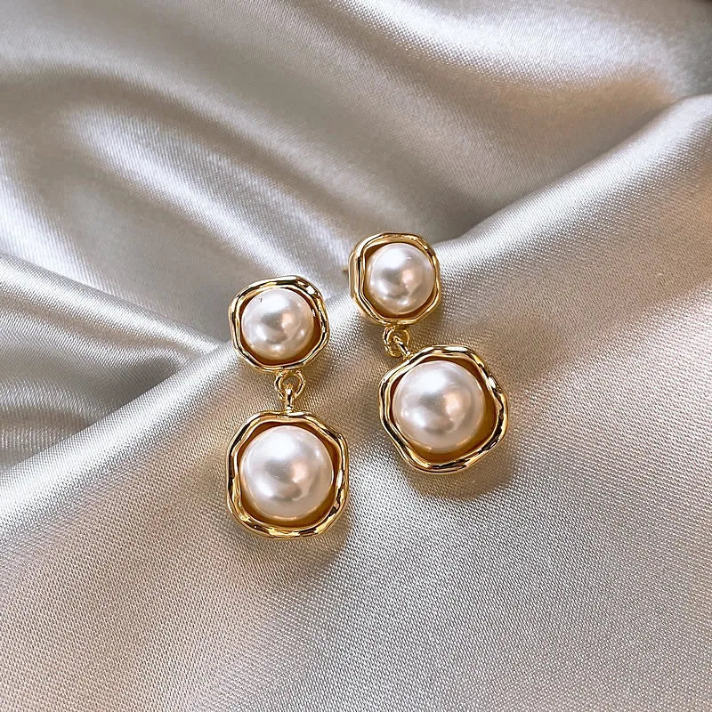 Tiered Pearl Drop Earrings in Gold Tone with Post Closure