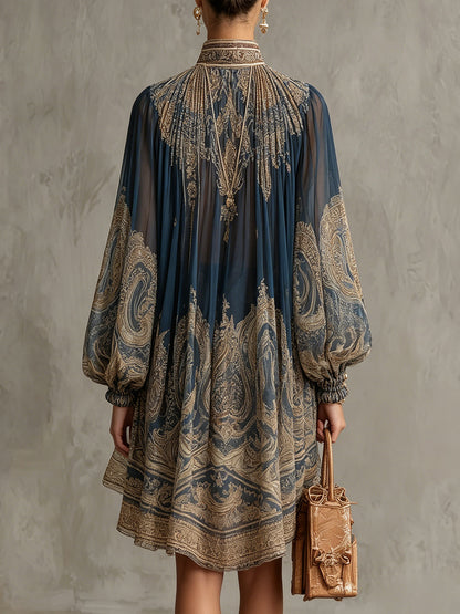 Marianna | Mini dress in navy blue chiffon with golden baroque print