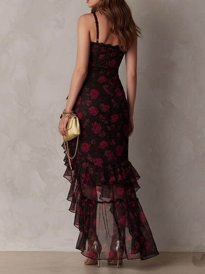 Lowe | Floral Ruched Ruffle Hem Midi Dress for Women