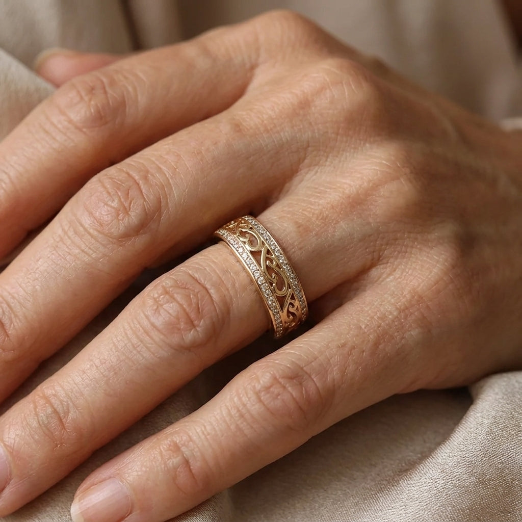 Filigree Scroll Ring with Pavé Stone Accents, Wide Gold-Tone Band
