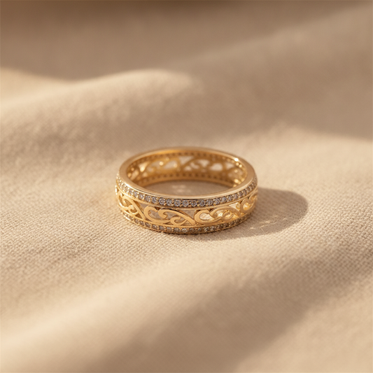 Filigree Scroll Ring with Pavé Stone Accents, Wide Gold-Tone Band