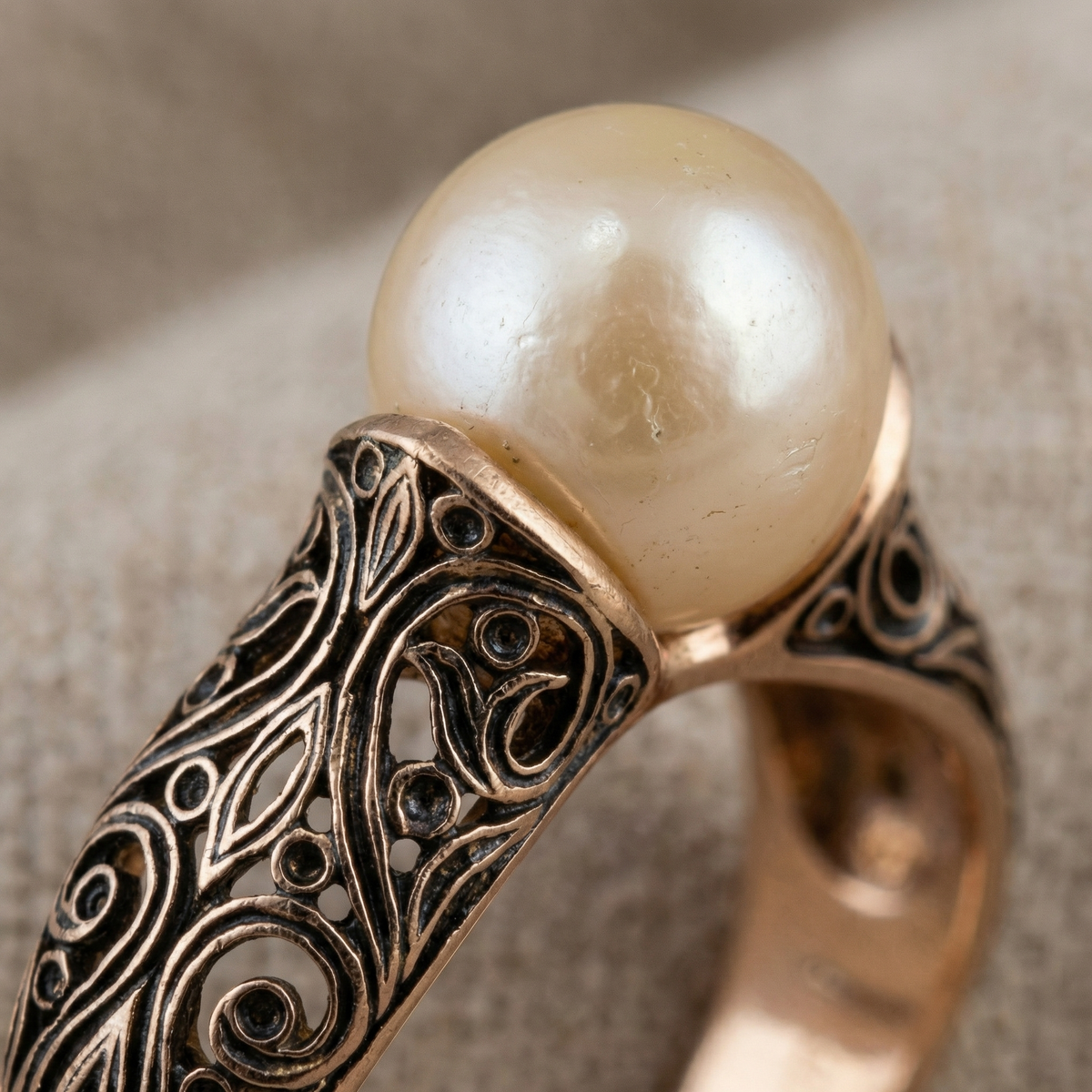 Cream Pearl Cocktail Ring with Gold-Tone Filigree Scrollwork