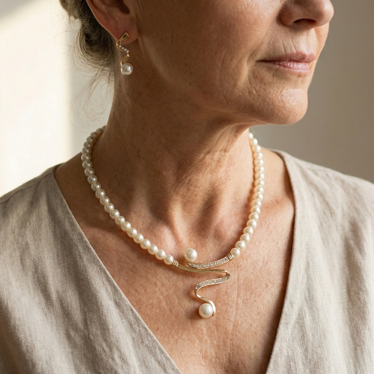 Pearl Drop Necklace & Earring Set with Curved Bar & Crystal Accents