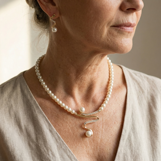 Pearl Drop Necklace & Earring Set with Curved Bar & Crystal Accents