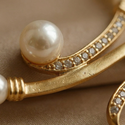 Pearl Drop Necklace & Earring Set with Curved Bar & Crystal Accents