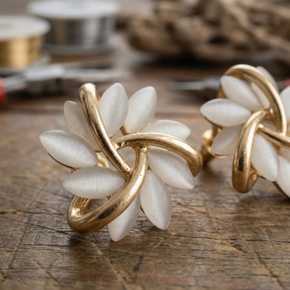 White Floral Stud Earrings with Gold-Tone Petal Frame