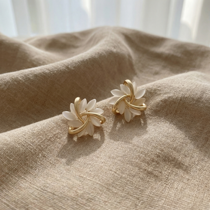 White Floral Stud Earrings with Gold-Tone Petal Frame