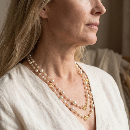Two-Strand Pearl Necklace with Gold-Tone Filigree Spacer Beads