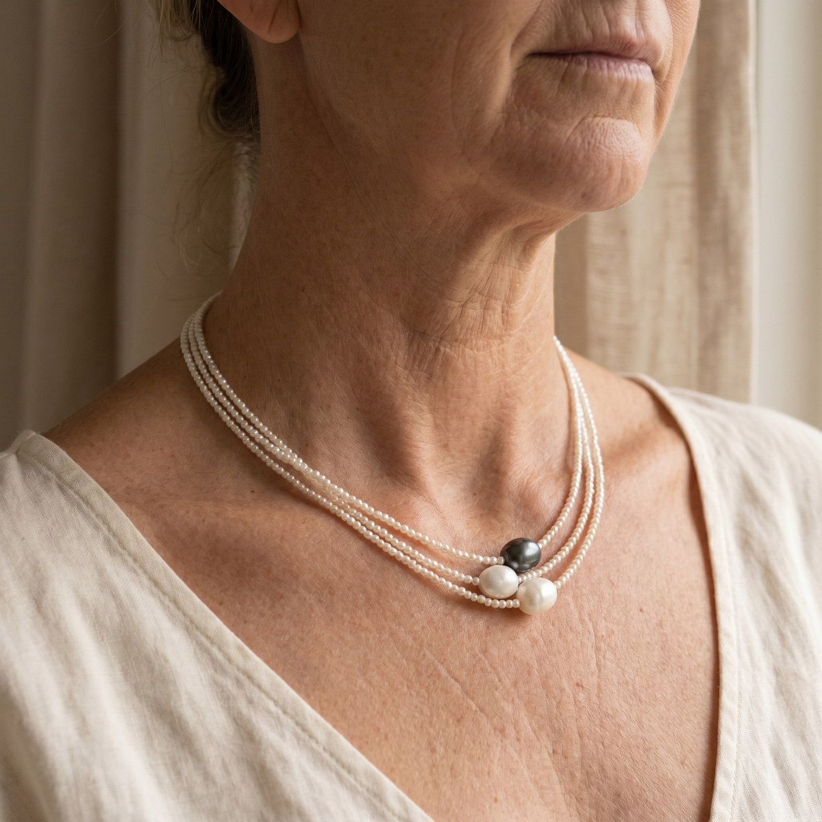 Triple-Strand Pearl Necklace with Black and White Accent Pearls