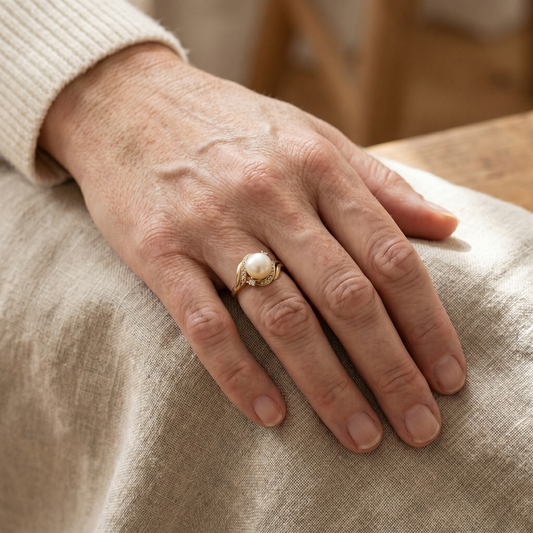 Pearl and Diamond Halo Ring with Curved Gold-Tone Band