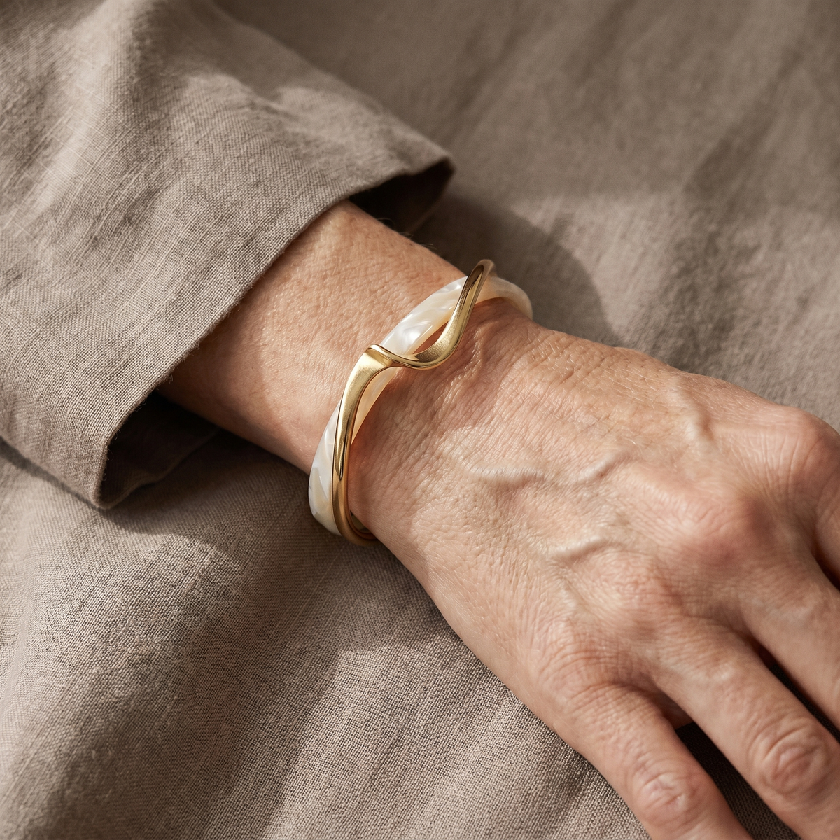 Open Cuff Bangle Bracelet in Opal-White with Gold-Tone Accent