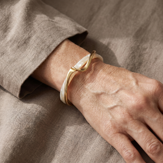 Open Cuff Bangle Bracelet in Opal-White with Gold-Tone Accent