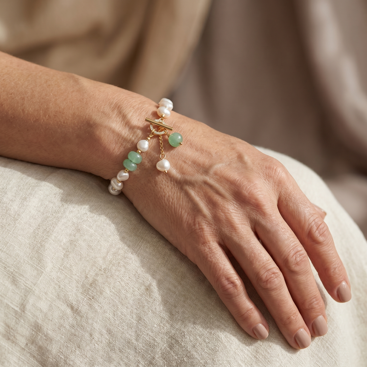 Pearl & Jade Beaded Bracelet with Toggle Clasp