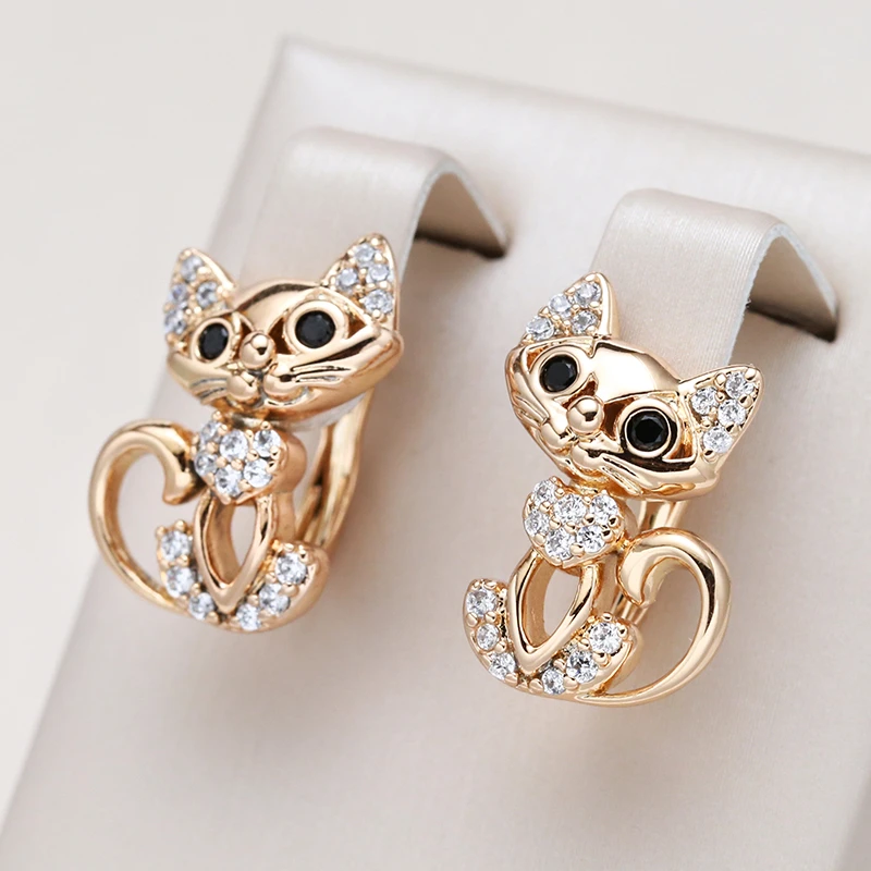 Cat-Shaped Stud Earrings with Rhinestone Detail and Black Onyx-Style Eyes