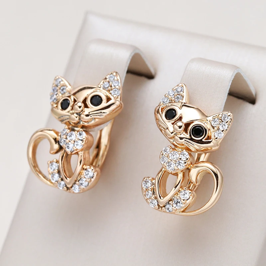 Cat-Shaped Stud Earrings with Rhinestone Detail and Black Onyx-Style Eyes