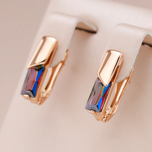 Multi-Colour Faceted Crystal Huggie Hoop Earrings in Rose Gold Tone