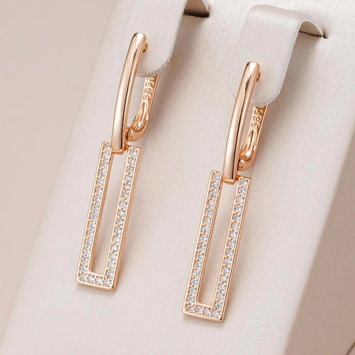 Rectangular Hoop Earrings with Paved Stones in Rose Gold