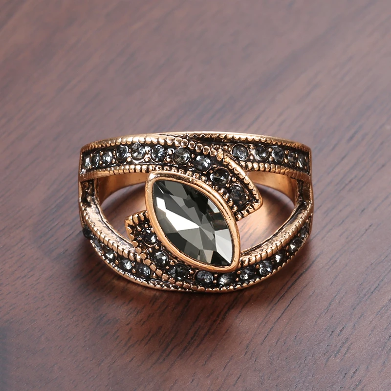 Marquise Black Crystal Cocktail Ring with Beaded Gold-Tone Band