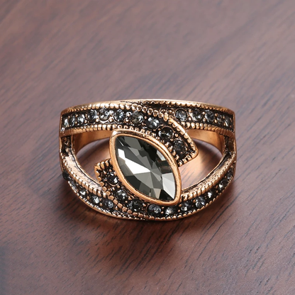 Marquise Black Crystal Cocktail Ring with Beaded Gold-Tone Band