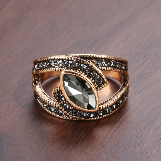 Marquise Black Crystal Cocktail Ring with Beaded Gold-Tone Band