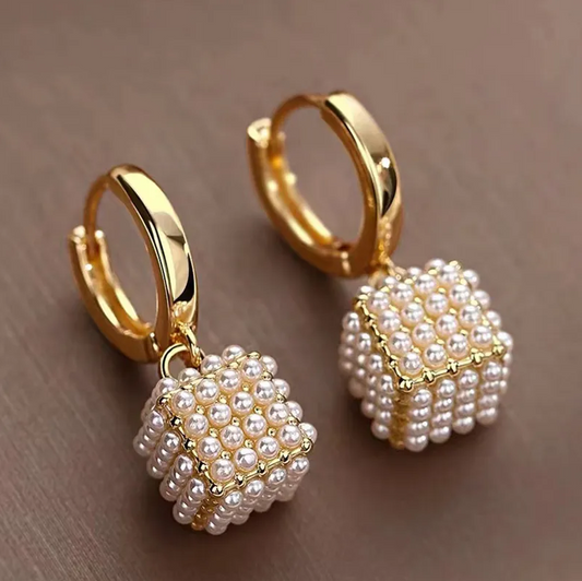 Pearl Cluster Cube Drop Earrings with Leverback Closure