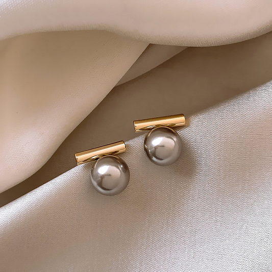 Grey Pearl Stud Earrings with Gold-Tone Tube Detail