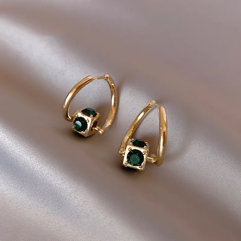 Cushion-Cut Green Gemstone Hoop Earrings with Lever-Back Closure
