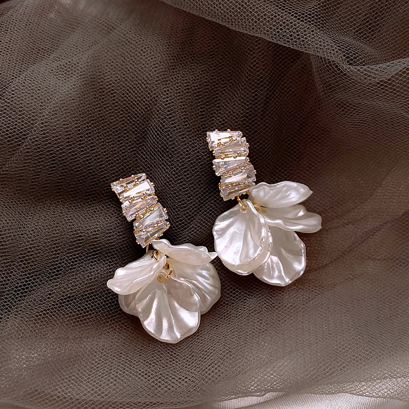Petal-Shaped Pearl Drop Earrings with Stacked Crystal Post