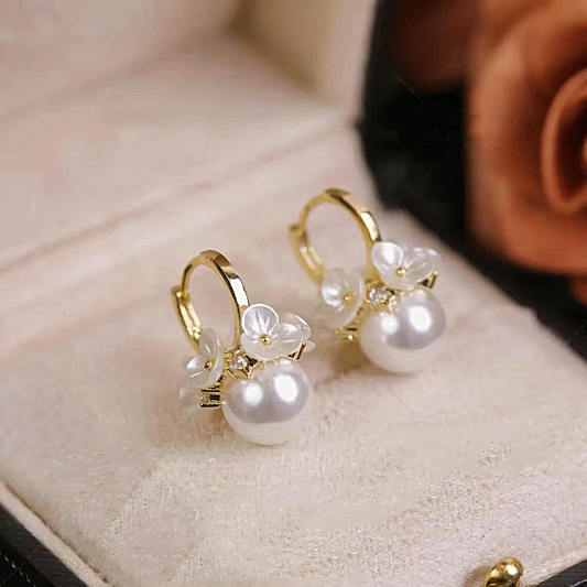 Floral Pearl Drop Earrings with Crystal Accents, Gold-Tone Leverback
