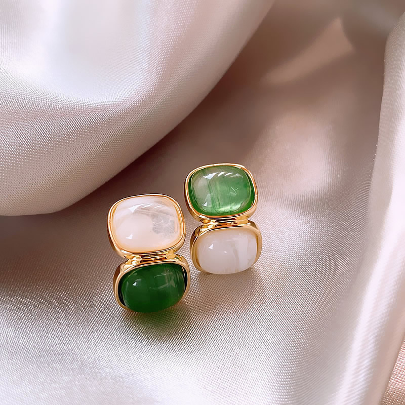 White, Pink and Green Cabochon Stud Earrings in Gold Tone