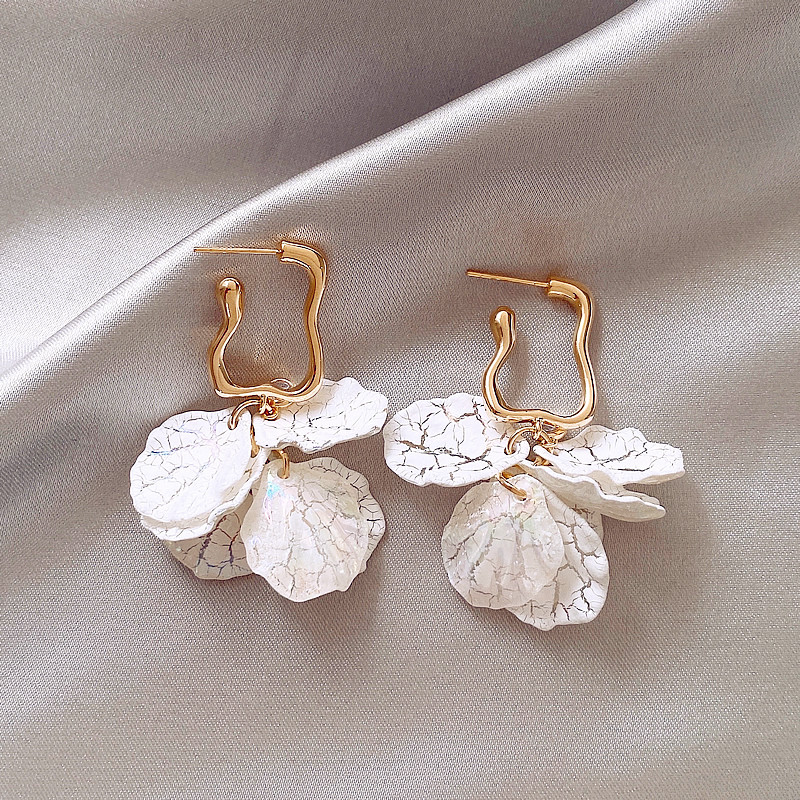 White Crackle Petal Charm Drop Earrings with Gold-Tone Posts
