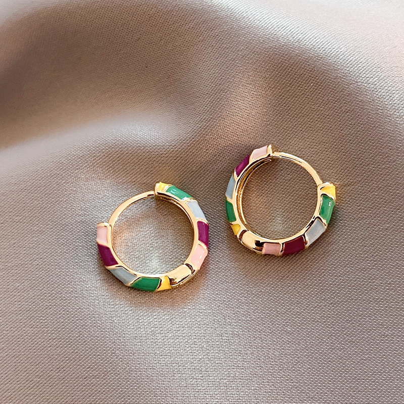 Striped Multicolour Enamel Hoop Earrings in Gold Tone