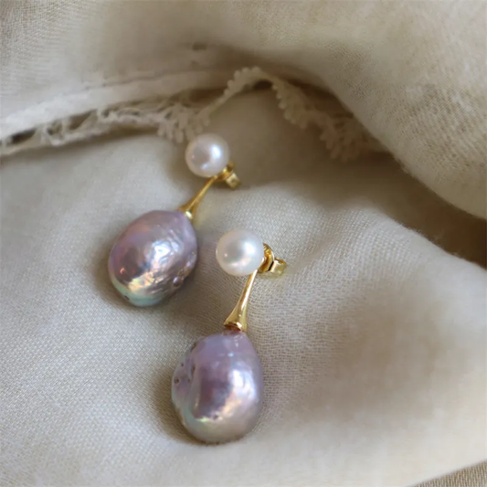 Baroque Lavender Pearl Drop Earrings with Gold-Tone Accent