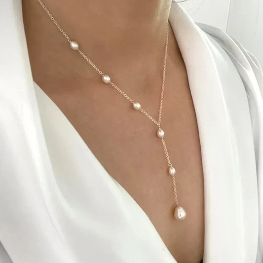 Lariat Pearl Pendant Necklace with Silver-Tone Chain