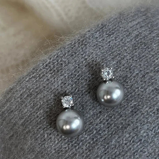Dark Pearl Stud Earrings with Cubic Zirconia Accent